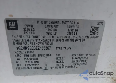 2014 Chevrolet Silverado 1500 2Lz z USA, uszkodzony, nr VIN 1GCVKSEC3EZ155367